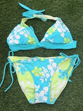 Reversible Tropical Turquoise & Lime Floral Halter Bikini